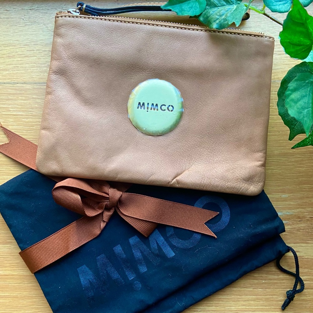 Mimco tan leather large pouch wristlet
